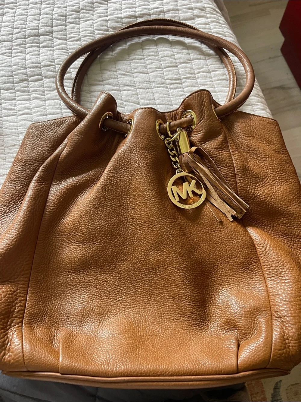 Michael Kors Cognac Leather Tassel Drawstring Tote or Shoulder bag
